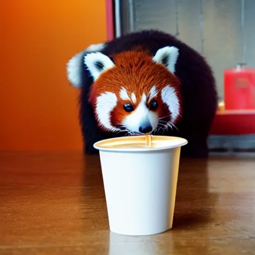 Image similar to A small red panda drinking bubble tea