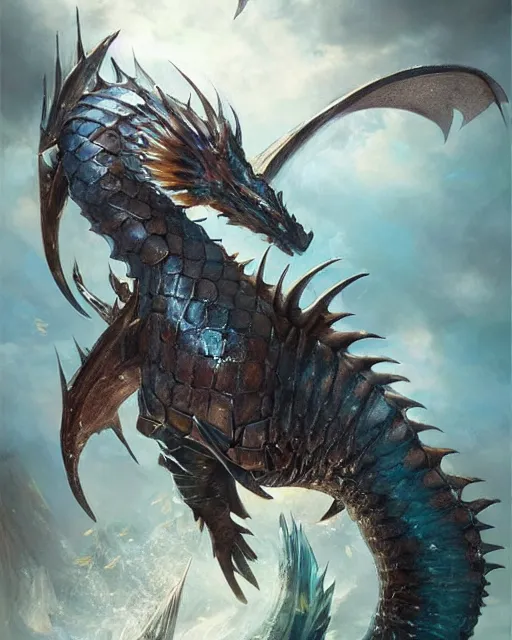Prompt: game character beautiful sea dragon half fish half dragon, armored skin, by Ruan Jia and Gil Elvgren, fullbody