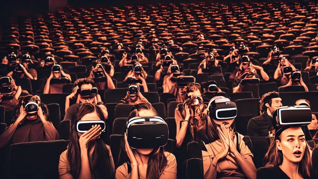 Prompt: people in a busy dark movie theatre, all of themare wearing vr headsets with art direction by salvador dali, wide lens