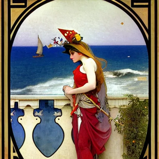 Image similar to A girl with jester hat and clothes on a greek archi circle on the front of a Balustrade with a beach and a sail boat on the background, major arcana cards, by alphonse mucha and arnold böcklin arnold böcklin arnold böcklin, paul delaroche, hyperrealistic 8k, very detailed