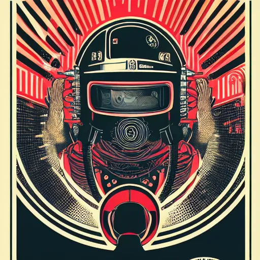 Image similar to !dream Illustrated by Shepard Fairey and H.R. Geiger | Cyberpunk Soviet Samurai with VR helmet, surrounded by cables