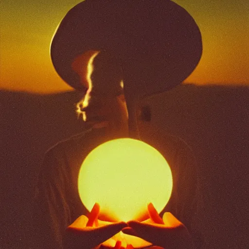 Image similar to photograph taken by a rolleiflex tlr, 1 2 0 mm, portrait, a fly agaric mushroom shaped like a human, meditating, sunset, shot by ryan mcginley, moon in sky, night time