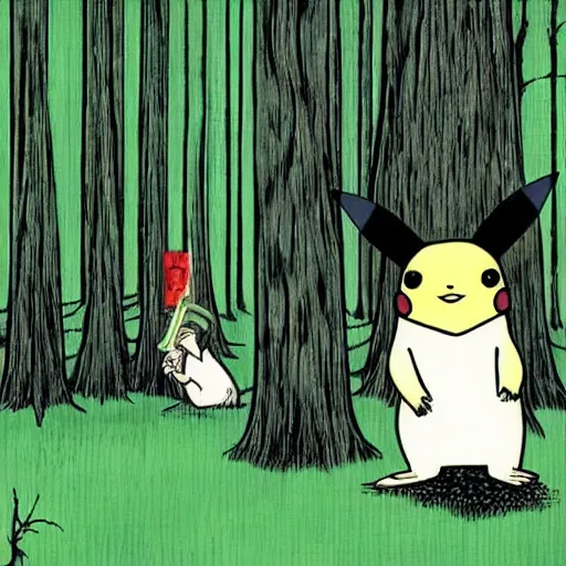 Prompt: Pikachu in a forest with his trainer by Junji Ito, scary, horror, eerie, ominous