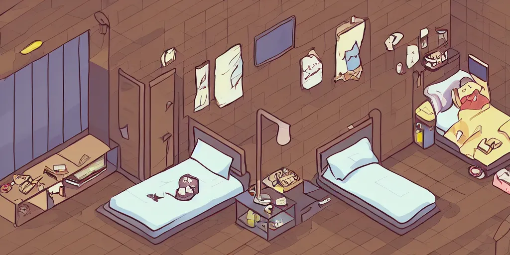 Prompt: isometric anime digital drawing of a comfy bedroom