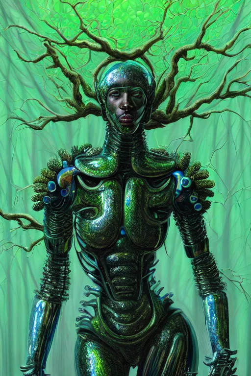 Image similar to hyperrealistic post - baroque super expressive! black woman with exoskeleton armor, merging with tree in a forest, highly detailed digital art masterpiece smooth cam de leon eric zener dramatic pearlescent blue green light ground angle hd 8 k sharp focus