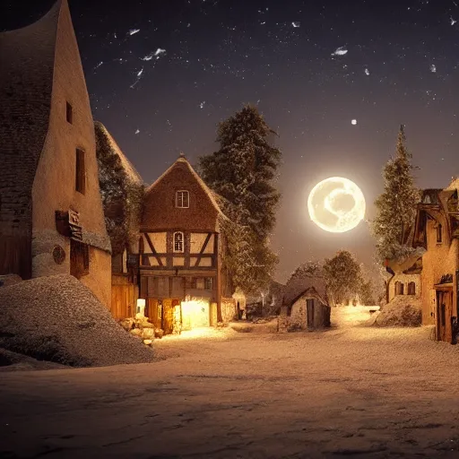 Prompt: a medieval village at night with the moon in the sky realistic, Artstation, snowy