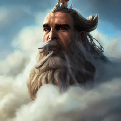 Image similar to a colossal norse god smoking the clouds, highly detailed, digital painting, artstation, octane render, concept art, matte, sharp focus, illustration