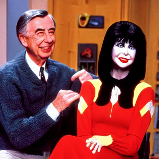 Prompt: Elvira sitting next to Mr. Rogers 8k hdr