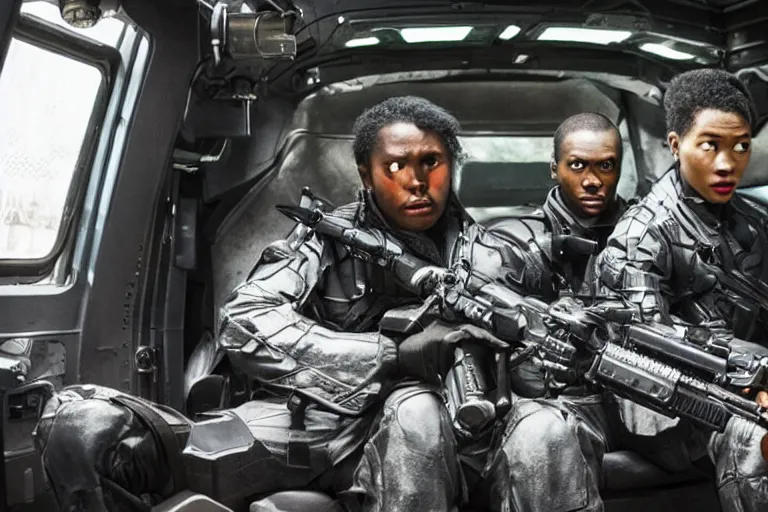 Image similar to movie diverse interracial team of Japanese sci-fi futuristic robbers armed with rifles interior clean futuristic tactical van, beautiful skin, Symmetrical faces. natural lighting by Emmanuel Lubezki