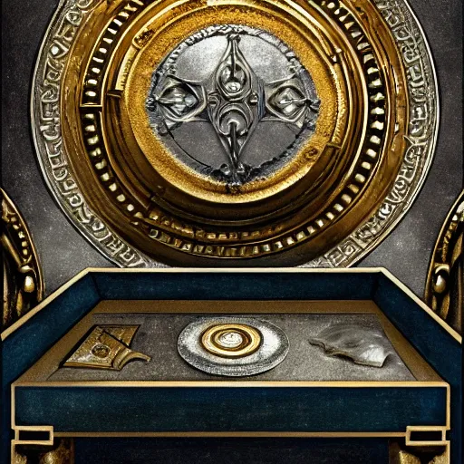 Image similar to in the center lays an ancient chromed artifact in the shape of a heavy signet ring, ornate with gentle iridescent shine from within. the ring lays on top of a pedestal. the pedestal is in front of a dark misty balcony at night. perspective from the side. realistic light and shadows. moody fantasy art, table still masterpiece life renaissance pastel painting.