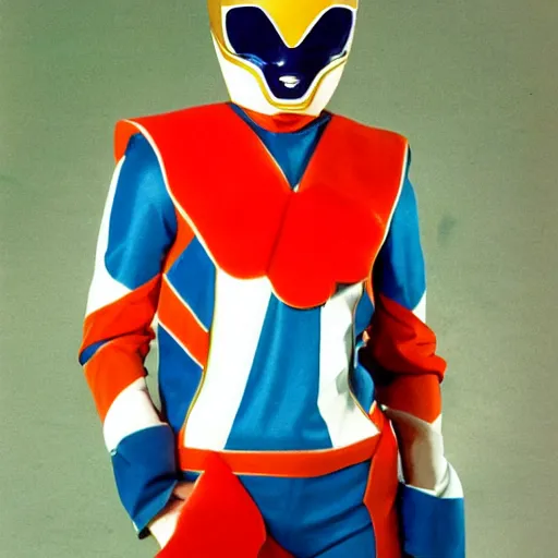 Image similar to a photograph of a power Ranger wearing a dolphin themed blue and white suit, 80s aesthetic