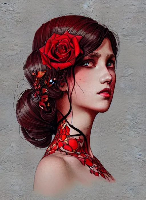 Prompt: beautiful woman wearing a dress made from red stained glass in the design of a rose. masterpiece by artgerm and greg rutkowski and ilya kuvshinov paul lerh