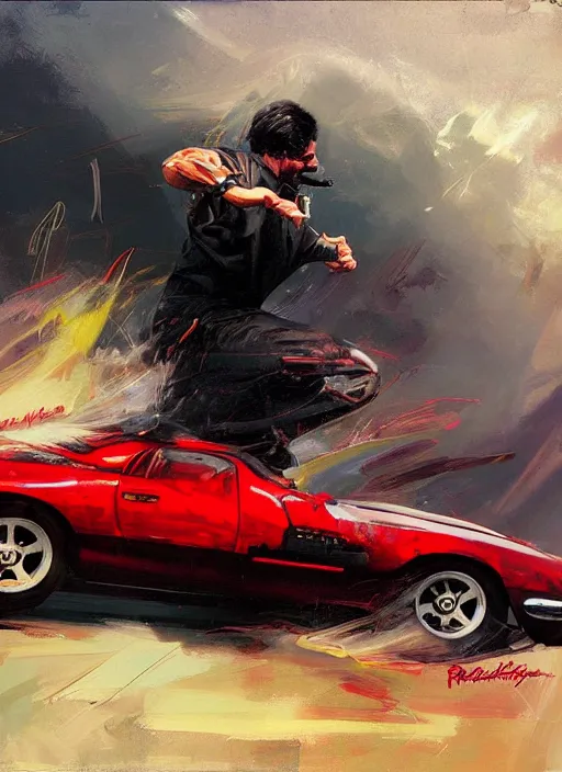 Image similar to dr. disrespect, driving car, reckless, painting by phil hale, fransico goya,'action lines '!!!, graphic style, visible brushstrokes, motion blur, blurry, visible paint texture, crisp hd image