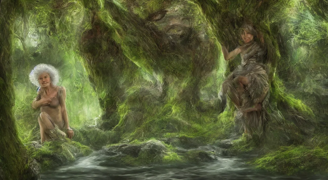 Prompt: Portrait of one single moss-covered 65 year-old Gaia goddess merging with a river, highly-detailed, elegant, dramatic lighting, artstation, 4k