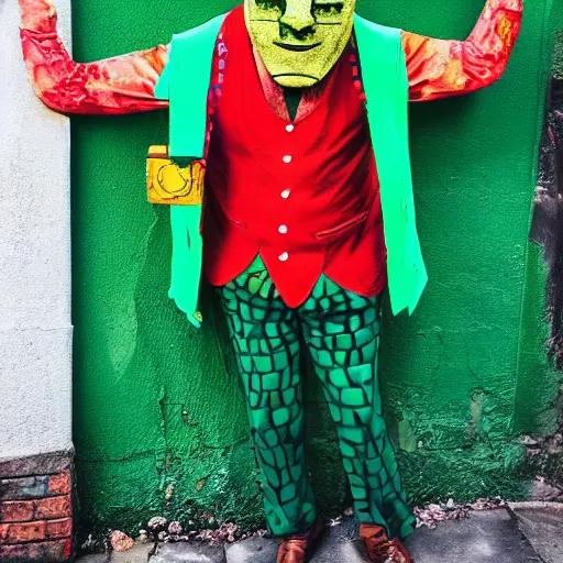 Image similar to Green man with a smug face and a fedora, wearing colorful outfit, uneven arms, in an alleyway, photo