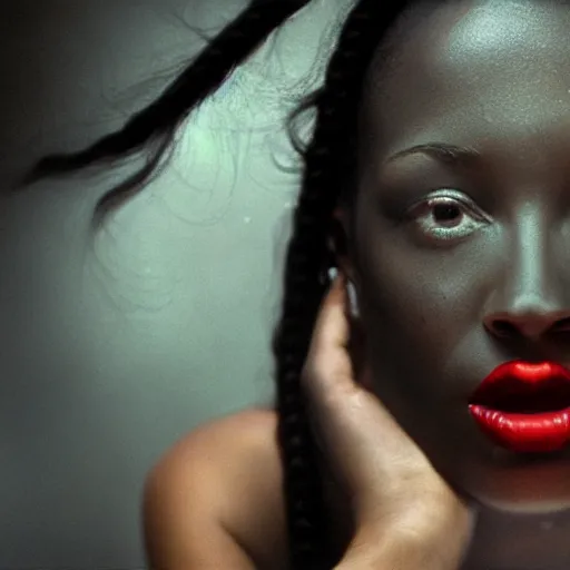 Image similar to beautiful black woman, in darkness, horror terrifying, surreal realistic, hyper details, irwin penn, full HD, 8k