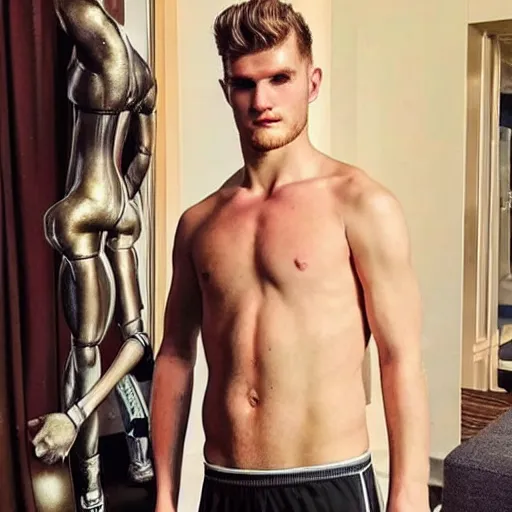 Prompt: a realistic detailed photo of a guy who is an attractive humanoid who is half robot and half humanoid, who is a male android, soccer player timo werner, shiny skin, posing like a statue, blank stare, in a living room, on display, showing off his muscles, gold soccer shorts