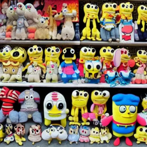 Prompt: a collection of bootlegged Spongebob plushies