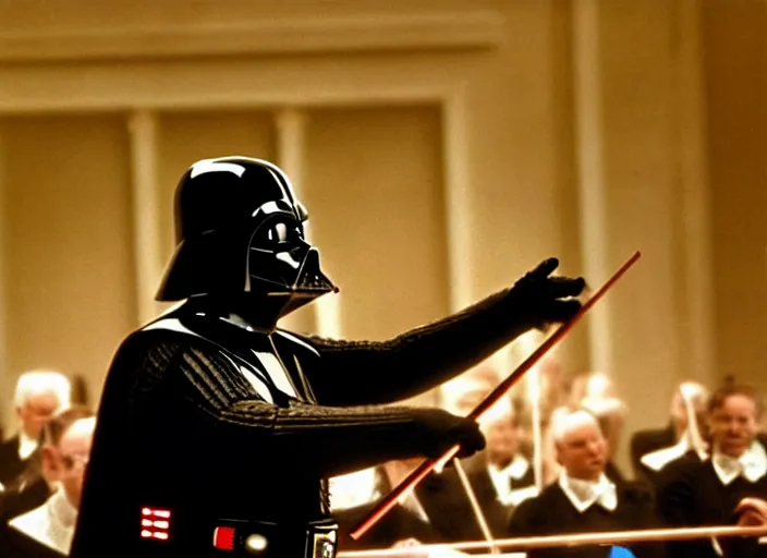 Image similar to film still of Darth Vader conducting an orchestra live at Heinz hall, 4k