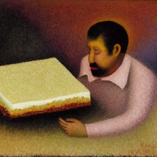 Image similar to a dying mexican man clinging to a cheesecake, oil painting, by georges seurat