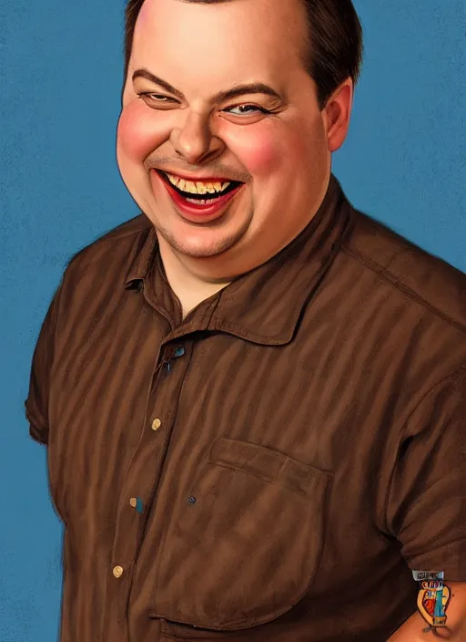 Image similar to portrait of laughing Rich Evans from Red Letter Media, highly detailed, centered, solid color background, digital painting, artstation, concept art, smooth, sharp focus, illustration, artgerm, donato giancola, Joseph Christian Leyendecker, Les Edwards, Ed Repka, WLOP