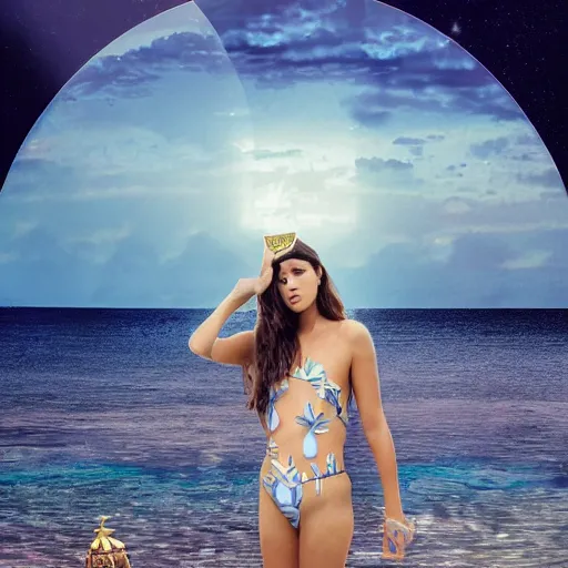 Prompt: Floating palace, moon reflecting on the water, thunderstorm, greek pool, beach and Tropical vegetation on the background major arcana sky, vogue magazine, y2k aesthetic, hyperrealistic 8k, award-winning, very very very detailed