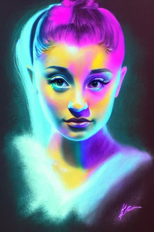 Prompt: electric ariana grande, painted by peter lloyd and frank wu, trending on artstation, rembrandt lighting front view iridescent colors, chalk art, macro, magic realism, manierism