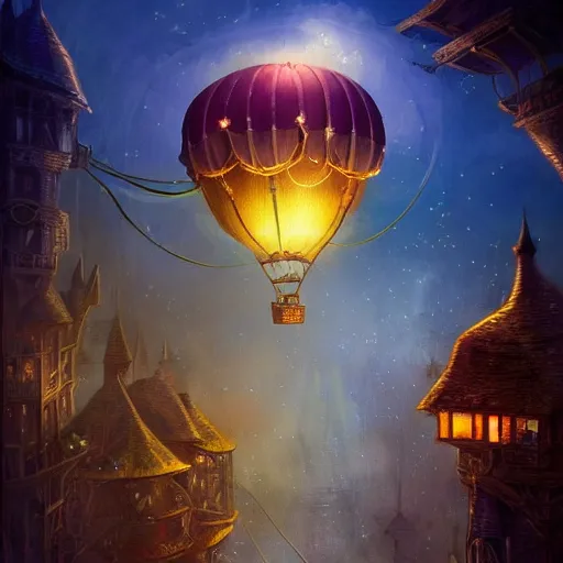 Image similar to a beautiful stunning fantasy whimsical matte digital illustration of a hot - air balloon powered by magic over a lit city at night by marc simonetti, pastel color palette, disney magic the gathering steampunk, chiaroscuro magical bokeh moon stars dramatic romantic, trending on artstation hq, masterpiece