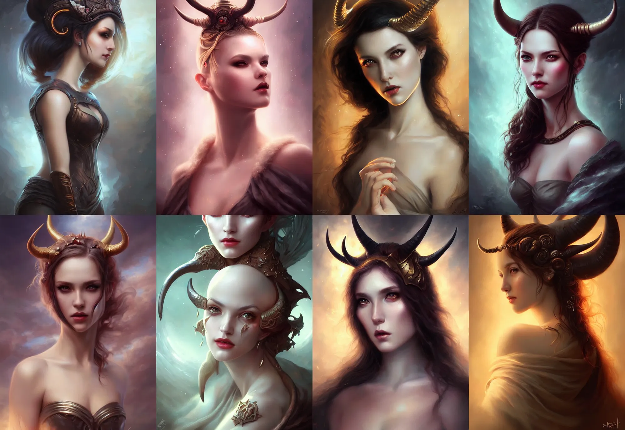 Image similar to a beautiful woman with horns, painted by artgerm and tom bagshaw, fantasy art, dramatic lighting, highly detailed oil painting