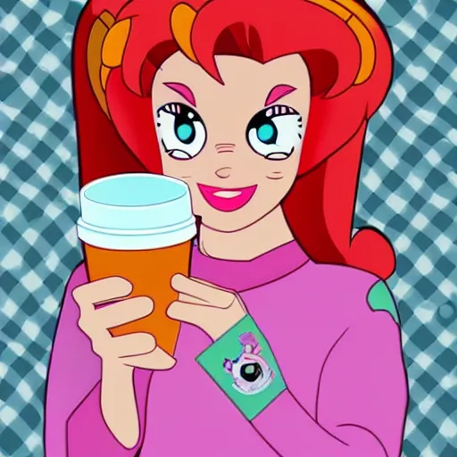 Prompt: blossom ( the powerpuff girls ) drinking coffee in a cup, very detailed face