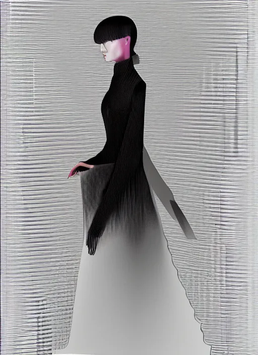 Prompt: a digital portrait by ichiro tanida and mitsuo katsui of an european girl detailed features wearing a cyber kimono latex suit wedding dress - synthetic materials, by issey miyake