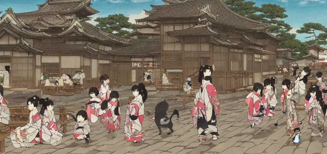 Prompt: a large japanese village in the edo period filled with anime catgirls