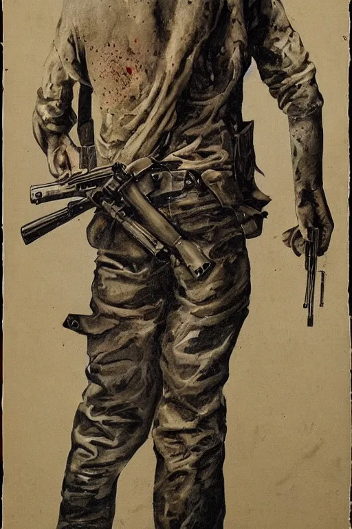 Prompt: man holding gun at the end of his life, world war, blood, detailed art