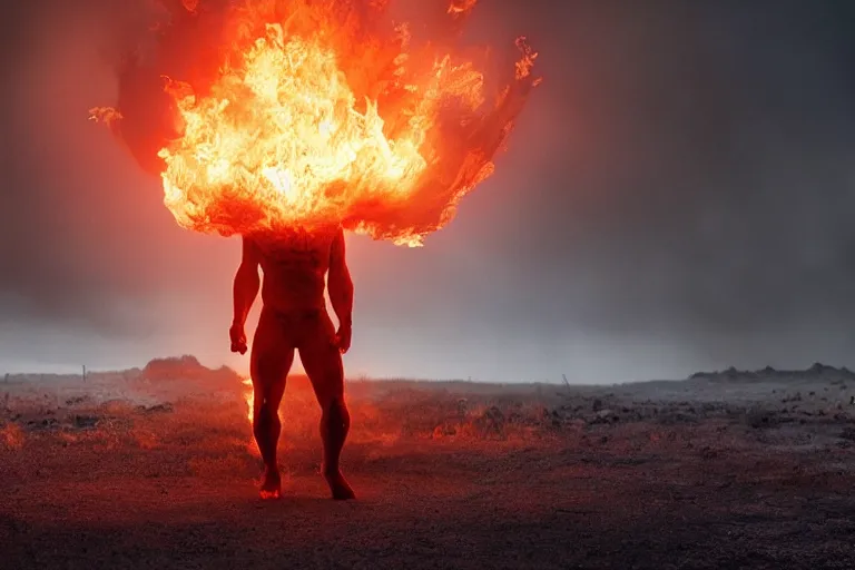 Image similar to a cinematic wide - angle photograph of mutant made of fire walking through a vast serene landscape, beautiful lighting, high depth, ultra realistic, artistic, by zack snyder and john harris