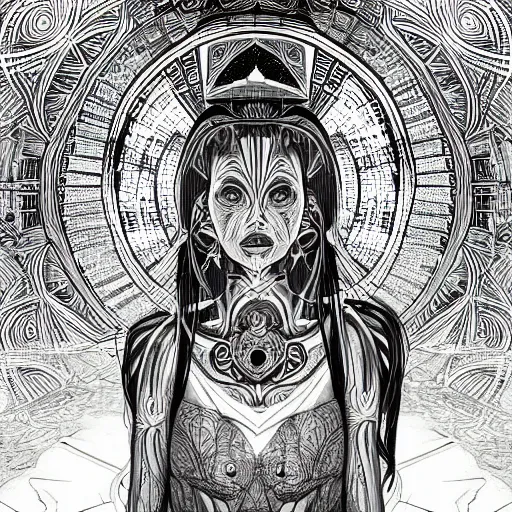 Prompt: a sketch drawing, ultra detailed, black and white, astral travel, magic, shamanic, totem, third eye, beautiful woman, surreal city, trending on artstation