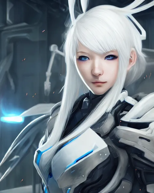 Image similar to perfect white haired girl, warframe armor, beautiful, dreamy, half asian, pretty face, blue eyes, detailed, sunny day, scifi platform, front lit, laboratory, experiment, 4 k, ultra realistic, epic lighting, cinematic, high detail, masterpiece, by masayoshi tanaka, akihiko yoshida, kazuya takahashi