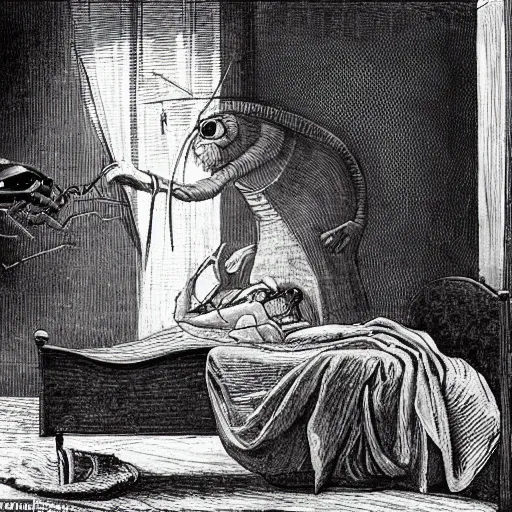 Image similar to as gregor samsa awoke one morning from uneasy dreams he found himself transformed in his bed into a gigantic insect