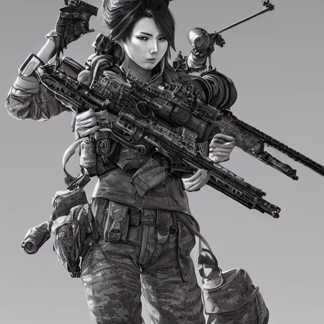 Image similar to the portrait of lawful neutral female futuristic marine sniper as absurdly beautiful, gorgeous, elegant, young gravure idol, an ultrafine hyperdetailed illustration by kim jung gi, irakli nadar, intricate linework, bright colors, octopath traveler, final fantasy, unreal engine 5 highly rendered, global illumination, radiant light, detailed and intricate environment