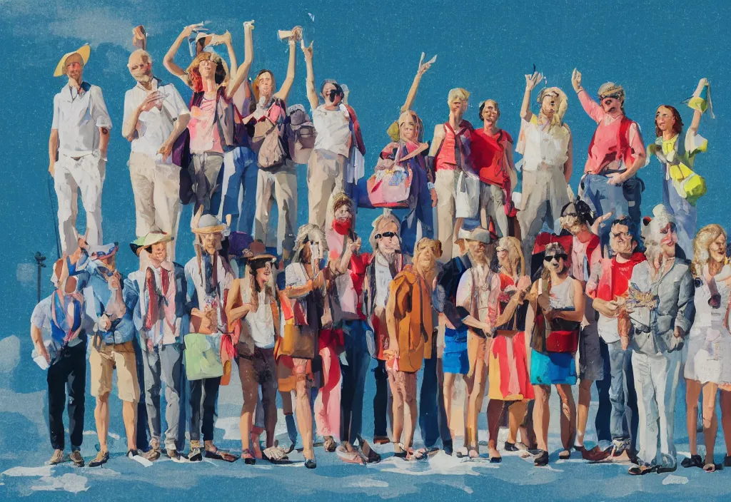 Image similar to full body portrait of a group, a row of a several european tourists getting off a tour bus, standing with a variety of poses and props, several character designs painting, sightseeing, in the style of wes anderson, lola dupre, david hockney, isolated on negative white space background dark monochrome neon spraypaint accents volumetric octane render