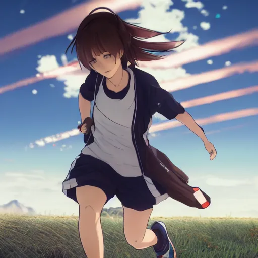 Prompt: a girl is running, sport clothing, kaze ga tsuyoku fuiteiru, anime style, brown short hair, hair down, symmetrical facial features, from arknights, hyper realistic, rule of thirds, extreme detail, detailed 4 k drawing, trending pixiv, realistic lighting, by alphonse mucha, greg rutkowski, backlit