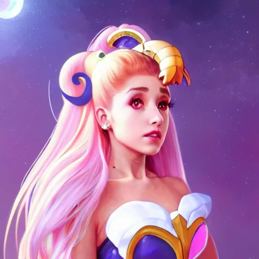 Image similar to ariana grande as sailor moon, fantasy, intricate, elegant, highly detailed, digital painting, artstation, concept art, matte, sharp focus, illustration, art by Artgerm and Greg Rutkowski and Alphonse Mucha