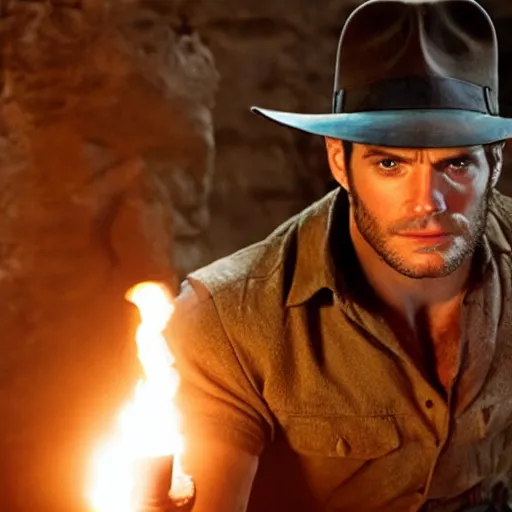 Image similar to still of Henry Cavill as Indiana Jones with a torch in a secret antic room, full body, cinematic light, by Steven Spielberg, movie, 4K