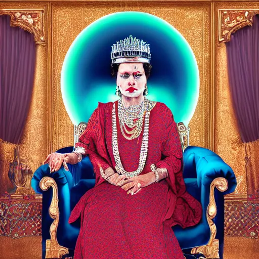 Prompt: the queen of india sitting on a throne, detailed face with red lips, blue eyes and large forehead, moody atmosphere, digital art, highly detailed, high contrast, beautiful lighting, award winning, trending on art station, photorealistic, 8 k,