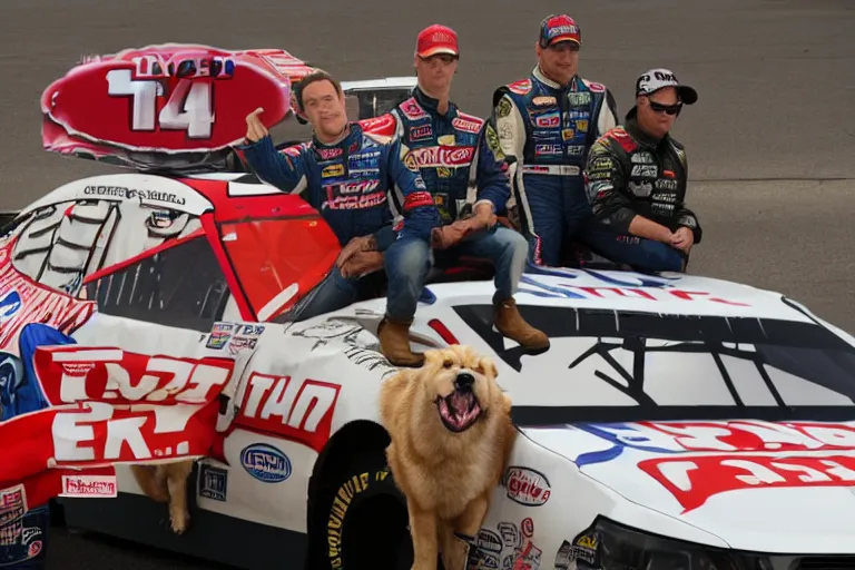 Image similar to vfx movie nascar driver covered in corporate sponsor logos holding up bone for pack of dogs in the u. s. senate. by emmanuel lubezki