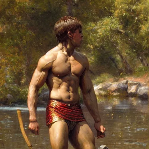 Prompt: young warriors wrestling by a river, playful, male, muscular, detailed face, gorgeous, amazing, muscular, intricate, highly detailed, painting by Gaston Bussiere, Craig Mullins