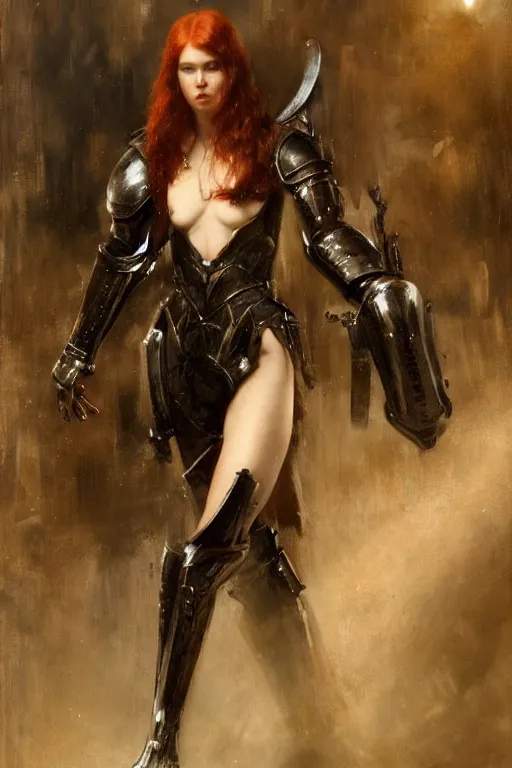 Image similar to muscular redhead young woman wearing black medieval armour, bare legs, detailed, by gaston bussiere, bayard wu, greg rutkowski, giger, maxim verehin, greg rutkowski, masterpiece, sharp focus, cinematic lightning