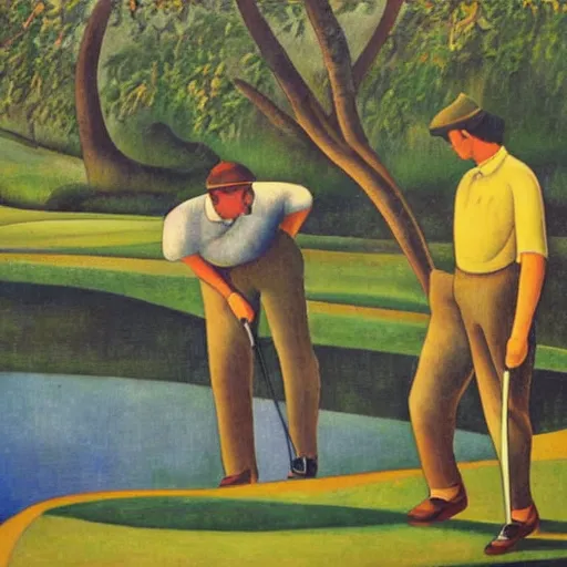 Image similar to Three golfers on a beautiful golf course, by Diego Rivera