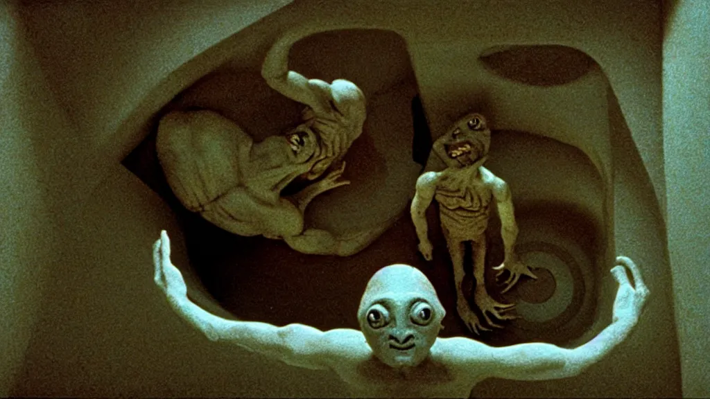 Image similar to the creature in the sink, they taunt look at me, film still from the movie directed by wes anderson and david cronenberg with art direction by salvador dali and zdzisław beksinski, wide lens