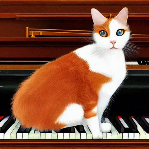 Prompt: a calico cat plying the piano