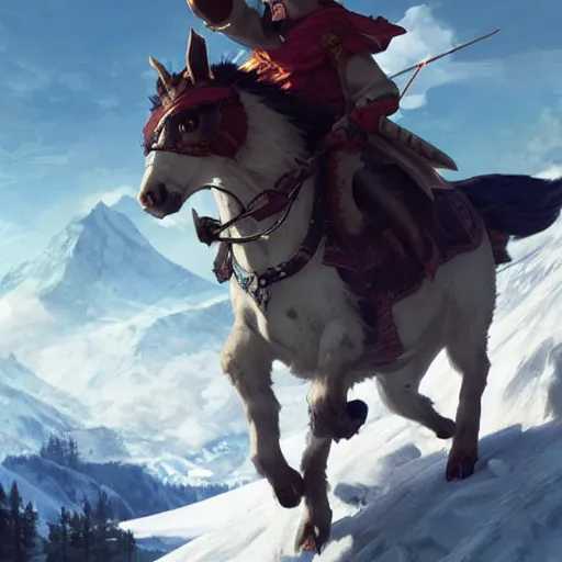 Prompt: Napoleon Crossing the Alps, wolf instaed of a horse, no horse, atmospheric lighting, by Makoto Shinkai and Ruan Jia